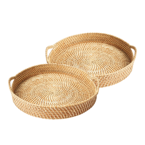 Panier/plateau en rotin rond en osier naturel personnalisé avec 2 poignées latérales multi-usage pour la cuisine, la salle à manger et l'affichage - Product Image 1