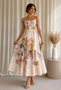 Robe moulante en coton uni avec bretelles, élégante, à nouer aux épaules, ceinturée, fabriquée en Turquie, sur mesure, pour soirées et fêtes, longueur midi, pour femmes, vente en gros - Product Image 3