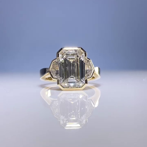 IGI Certified Women's Emerald Cut Engagement <b>Ring</b> with Lab Grown Side Stones Yellow Gold Bezel <b>Diamond</b> <b>Rings</b> - Product Image 5