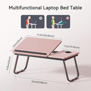 Bureau pour ordinateur portable à hauteur et angle réglables, table de lit pour ordinateur portable pliable, support de lecture pour tasse, métal + bois, luxe multifonctionnel - Product Image 4