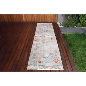 Turkish Vintage <b>Rug</b>, <b>Runner</b> 2.6x9 ft (78x273 cm) <b>Rug</b>, Gray Floral Wool <b>Rug</b> - Product Image 1