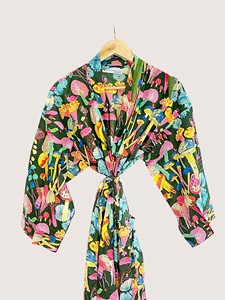 Bata Larga Estampada Floral para Mujer, Manga Larga, Cuello Mandarín, 100% Poliéster, Suave, Informal, para Verano - Product Image 4