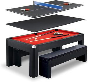 Nouvelle table 3-en-1 de 7 pieds pour table de billard, ping-pong et table à manger avec bancs, feutre rouge, cadre en bois d'ingénierie noir - Product Image 1