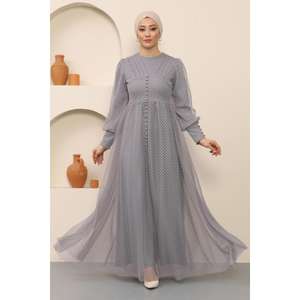 Vestido de Noche Sencillo de Tul con Corte en A, Detalle de Botones, Poliéster Transpirable, Estampado, Estilo Imperio, Tallas XS-XL Disponibles - Product Image 1