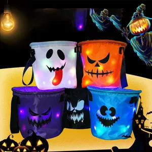 Nieuwe Gepersonaliseerde Oplichtende Pompoen Halloween Mand Kids Trick Or Traktatie Snoepzak Led Licht Blanco Halloween Emmers