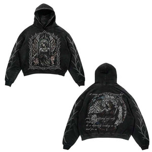 Personnalisez votre conception Sweats à capuche imprimés Dtg surdimensionnés de haute qualité pour hommes Distressed Ripped Raw Edge Sweat à capuche graphique en éponge française - Product Image 4