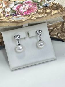 Boucles d'oreilles en forme de cœur avec fausses perles, plaqué argent 925, bijoux romantiques pour femmes, boucles d'oreilles en perles rondes blanches - Product Image 4
