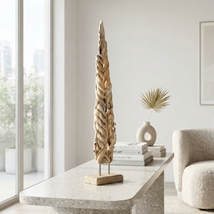 Handcrafted <b>wooden</b> leaf lumintu stand sculpture <b>rustic</b> teak carved feather statue <b>wooden</b> base table accent decor setup unit item - Product Image 2