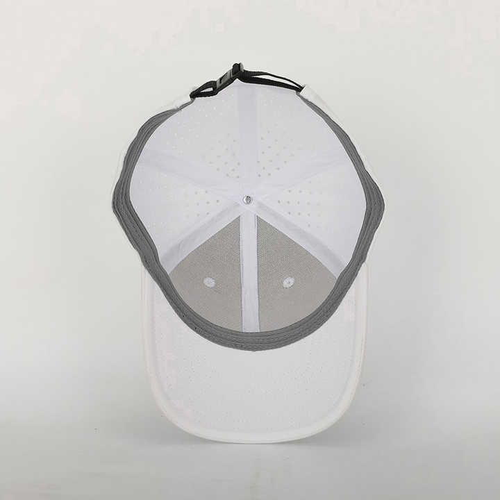 OEM Custom High Quality 6 Panel Quick Dry Reflective Printed Logo Laser Cut Hole Perforated Vintage Baseball Cap White Sporty
