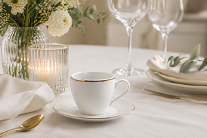 Durable Porcelain Set 6-pcs Round Espresso Coffee Cups w/ Saucers 10 cl (3.38 fl oz) Elegant Luxury Refined Design Gold Excelsa - Product Image 5