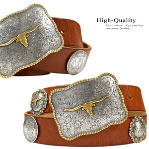 Houston Gold Longhorn Hebilla Conchos Cinturón de cuero de grano completo genuino 1-1/2(38mm) de ancho - Product Image 3