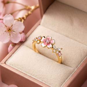 Jeulia Gold Plated Pink Enamel Sakura Cherry Blossom <b>Adjustable</b> <b>Ring</b> - Product Image 4