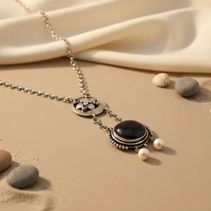 Collier Pendentif Statement Art Palace Vintage en Argent 925 et Onyx, Perles d'Eau Douce, Motif Floral, Chaîne Maille Forçat pour Femme, Usage Quotidien - Product Image 1
