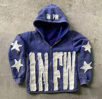 100% coton éponge Streetwear lavage coupe et coudre fermeture éclair applique à capuche en détresse broderie Patch sweats à capuche hommes sweats à capuche personnalisés