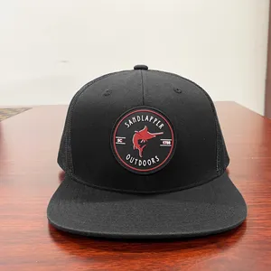 Black Hip Hop Trucker Hat Flat Brim Custom Rubber <b>Patch</b> Logo Mesh <b>Back</b> Snapback Cap Factory-Made Vietnam for Outdoor Fishing - Product Image 1