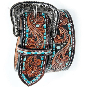 Cinturón de herramientas de cuero occidental decorativo con piedras turquesas en relieve de hoja tallada a mano para hombre con conjunto de hebilla de acabado antiguo clásico - Product Image 5