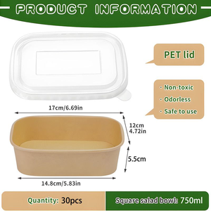 Bols et assiettes en papier kraft rectangulaires/carrés jetables de qualité alimentaire, étanches, résistants à la graisse et à l'eau, avec couvercle, pour salades, sushis, à emporter - Product Image 3