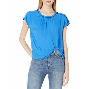 Top da Donna Vince Camuto Blu Scuro con Bottoni sulle Spalle in Modal Chiffon e Maglia a Tinta Unita Taglia XL - per Primavera e Autunno - Product Image 1