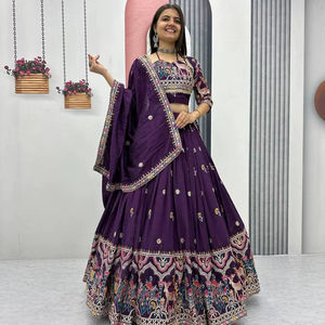 Elegante pesado puro Vichitra completamente cosido listo para usar indio paquistaní Lehenga Chaniya Choli Set Trending Purple Wine Color - Product Image 1