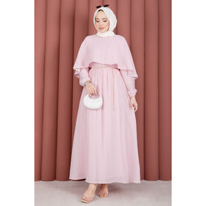 Robe d'été modeste rose, coupe trapèze, col cape, taille élastique, doublée en mousseline de soie - Product Image 4