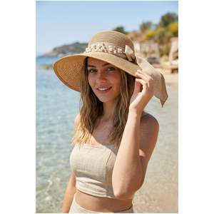 Sombrero de Paja Color Camel para Mujer con Cinta y Perlas HSR2071 - Camel8 - Product Image 1