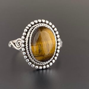 925 Sterling Silver Gold Plated Tiger Eye Gothic Classic <b>Statement</b> <b>Ring</b> 8 Gram Oval Cut Bohemian Handmade Bezel Setting Unisex - Product Image 1