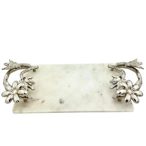 Plateau de service en marbre naturel blanc de haute qualité élégant poignées de fleurs en laiton doré plateau décoratif artisanal pour la maison de mariage - Product Image 6