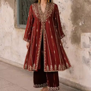 2024 Latest Elegant Long Kurta Plazo <b>Pant</b> Dress Embellished Zardozi Embroidery Work Party-Wear/ Wedding-Wear Lace Button - Product Image 1