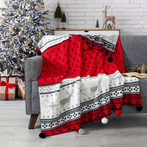 Nordic Christmas Red Reindeer Knitted <b>Blanket</b> with <b>Pom</b> Poms | Double-Sided Soft Acrylic TV Throw for Sofa or Bed - Product Image 3