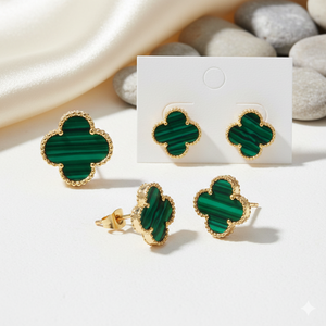 Pendientes de Oro Amarillo Macizo de 14k con Trébol y Malaquita Natural, Joyería Fina, Pendientes de Malaquita con Cierre a Presión - Product Image 3