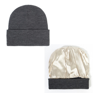 Logo personnalisé de haute qualité acrylique solide blanc uni hiver chaud jacquard tricoté chapeau long manchette bonnet avec satin doublé - Product Image 4