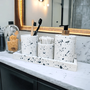 Juego de baño de terrazo de estilo moderno, accesorios de piedra coloridos con acabado de latón para baños de apartamentos y hoteles - Product Image 2