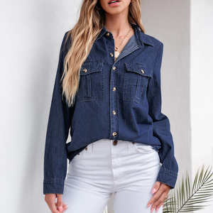 Denim Factory Custom Ladies Long Sleeve Tops Blue Jean Impreso Fábrica de alta calidad Diseño adecuado camisa de mezclilla de las mujeres - Product Image 3