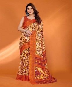 NUEVA LLEGADA IMPRESO KOTA SAREE CON BLUSA DESCOSTADA DESCOSTADO DESGASTE PRECIO AL POR MAYOR ROPA ÉTNICA NARANJA - Product Image 1