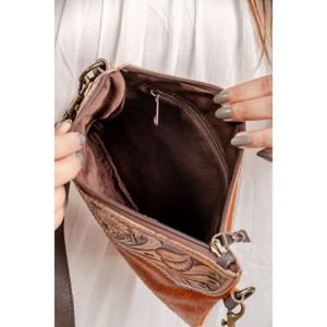 Hot Sale Western Hair On Tooled Leather <b>Wristlet</b> Purse For Women's Genuine Leather Tassel Pouch Floral Tooled Tan Cowhide Clutch - Product Image 4