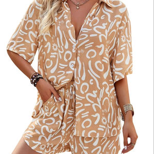Tendance élégant 3D imprimé Shorts chemise 100% coton en gros 2 pièces ensemble femmes haute qualité respirant femmes ensembles - Product Image 1