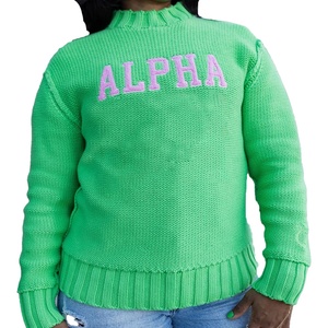 Mock neck <b>green</b> knitted sweatshirt Alpha KA custom logo Embroidered new style Knit ribbing <b>women</b> sweatshirt - Product Image 1