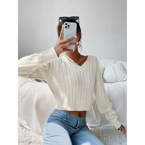 Suéter de Punto Trenzado con Cuello en V para Mujer, 100% Acrílico, Talla Grande, Invierno, con Adornos de Letras y Botones - Product Image 4