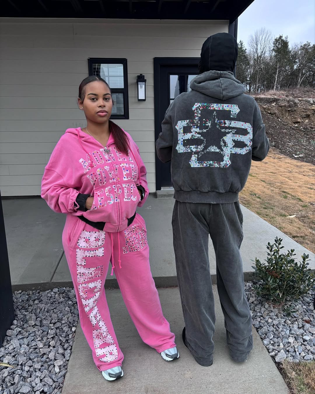 先着 完売品treat ürself logo rhinestone sweat Custom Distressed Embroidery Zip up Hoodie Sweatpants Set