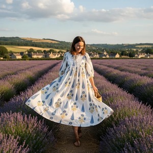 Vestido de Algodón Floral Hecho a Mano por el Fabricante, Vestido Midi con Estampado a Bloque, Vestido de Verano Bohemio de Algodón, Regalo para Bodas, Niñas y Mujeres - Product Image 5