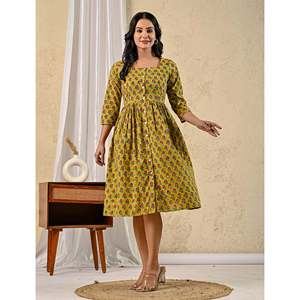 Vestido de algodón estampado a mano Green Butta, informal, de verano, ODM, con cuello cuadrado y cintura imperio, talla XS, transpirable y sexy - Product Image 5