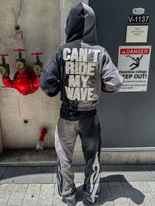 Poids lourd coton hommes soleil fané acide était survêtement fermeture éclair sérigraphie sweats à capuche ourlet brut pantalons de survêtement ensembles - Product Image 6