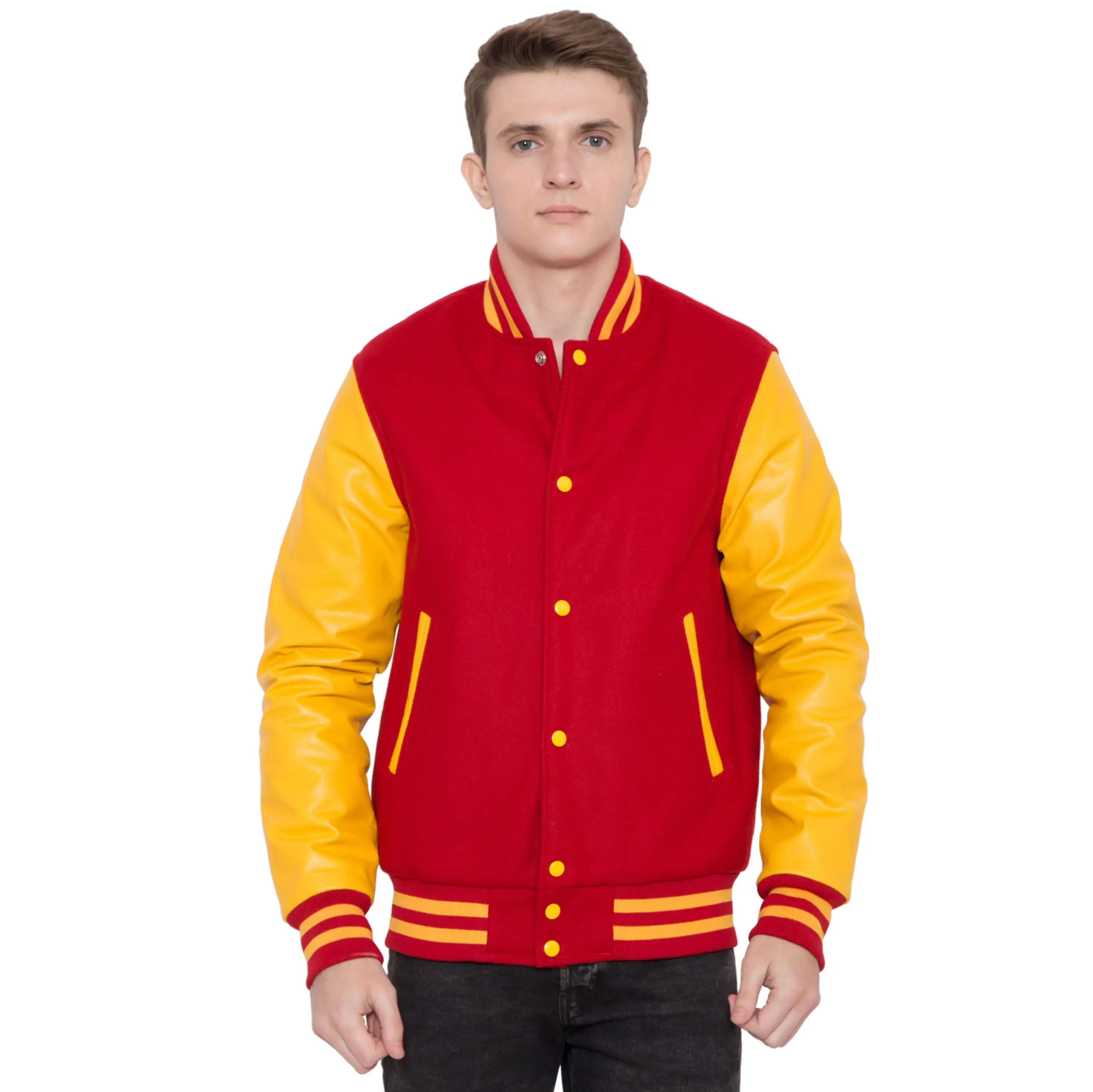 100% lana Cashmere corpo e vera pelle di vacchetta maniche giacca college Letterman rosso e giallo dorato