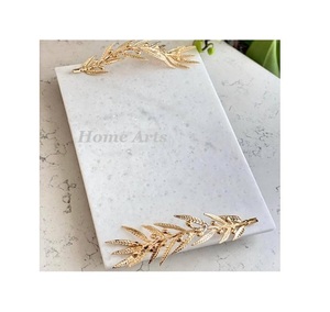 Le plus nouveau plateau de service de nourriture de marbre de conception avec des poignées de feuille en métal le plateau de service de nourriture de forme rectangulaire de la plus haute qualité - Product Image 1
