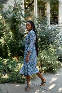 Robe enveloppe en coton pur à rayures bohèmes, imprimée à la main en bleu indigo, décontractée pour femmes - Product Image 3