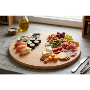Plateau de service rotatif en bois de hêtre 25 cm, finition sablée, plateau à pizza et fromage, vente en gros, personnalisable avec logo - Product Image 2