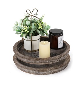 Juego de 2 portavelas de bandeja de madera rústica, soportes grandes redondos de madera, decorativos de café de granja Natural, Mesa - Product Image 1
