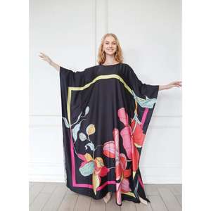 Vestido Largo Tipo Kaftan a Cuadros Negro para Mujer, Estilo Holgado con Mangas Anchas, Elegante y Natural para Eventos Nocturnos o Vacaciones - Product Image 1