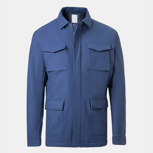 Chaqueta informal unisex de manga completa con doble solapa y bolsillo azul oscuro café 100%, transpirable, respetuoso con el medio ambiente, diseño de invierno - Product Image 1