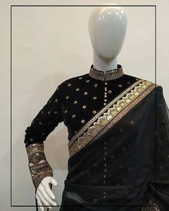 พรีเมี่ยมที่มีคุณภาพงานแต่งงานสวมใส่นุ่มสุทธิเย็บปักถักร้อยลำดับการทำงานสารีสีดำที่มีคุณภาพสูงอัตราต่ำช้อปปิ้งออนไลน์ - Product Image 6